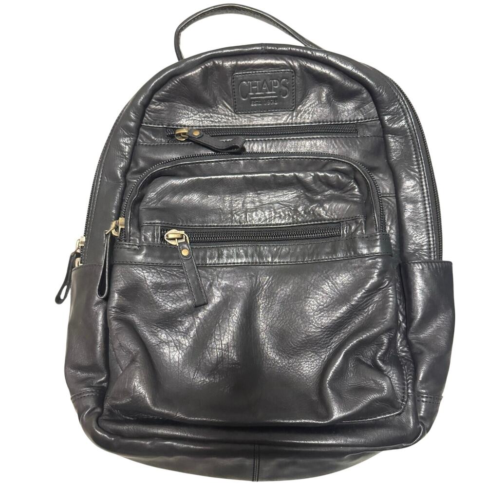 Chaps Ralph Lauren Black Leather Backpack Vintage Multi Pocket